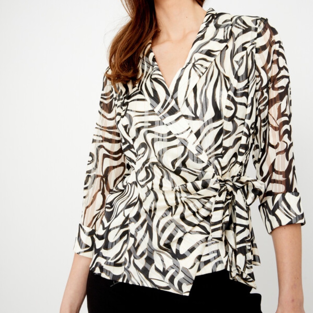 Alex Evenings Plus Size 3X Zebra Print Wrap Tie Closure 3/4 Sleeves Blouse